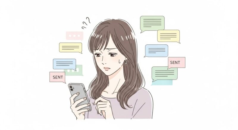 スマホを見つめて迷いや戸惑いの表情を浮かべる日本人女性のイラスト