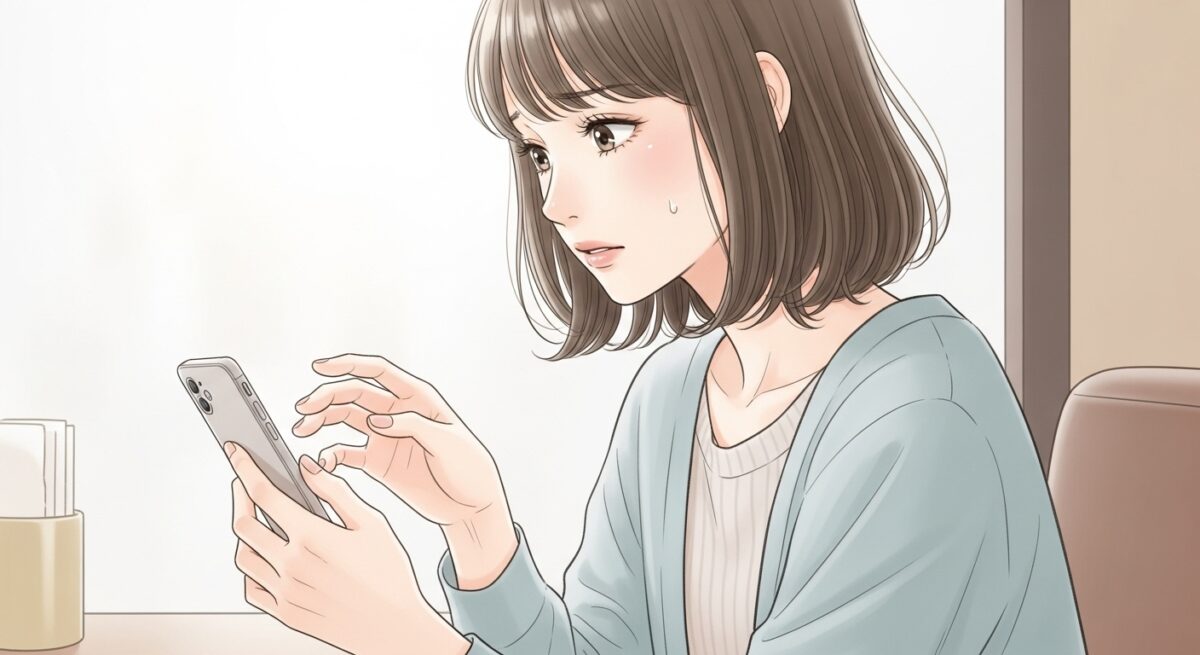 LINEの返信が来ず不安そうにスマホを見つめる日本人女性の繊細なイラスト