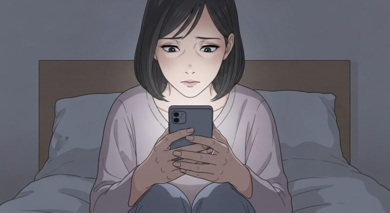 夜、スマホを見つめながら不安そうに俯く日本人女性のイラスト