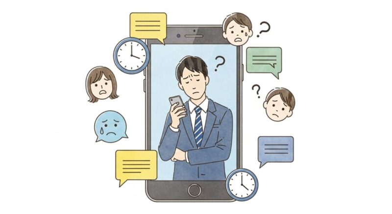 LINEを開くか迷っている男性の心理を象徴的に描いたイラスト
