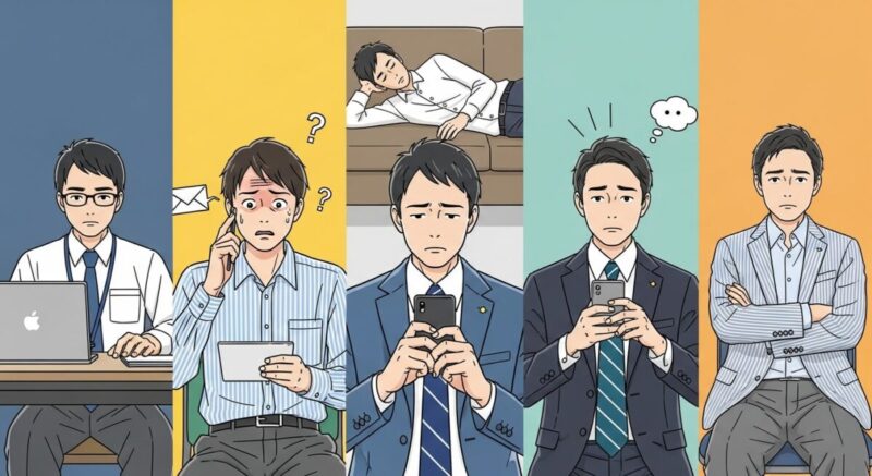 LINEを無視する5タイプの男性心理を描いたコマ割りイラスト