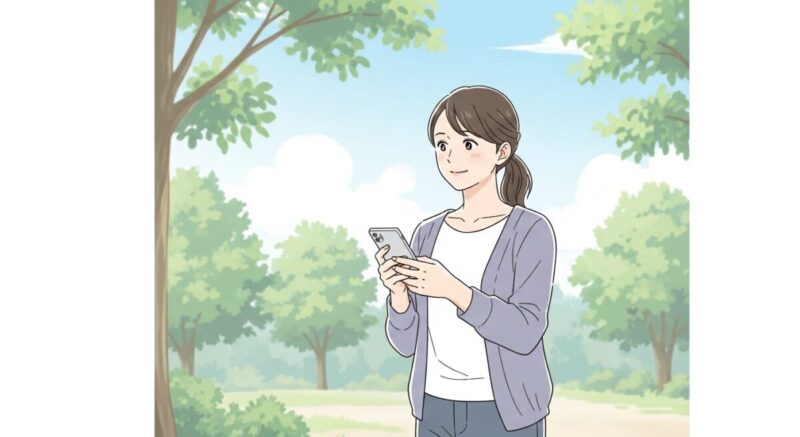 スマホを手にしながら穏やかな表情で前を向く日本人女性のイラスト