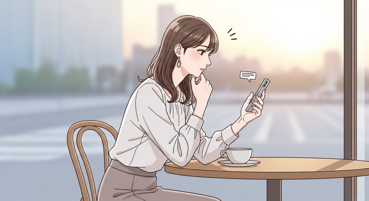 スマホの画面を見つめながら考え込む日本人女性の繊細なイラスト