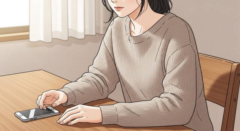 スマホを伏せて静かに考え込む日本人女性の繊細なイラスト