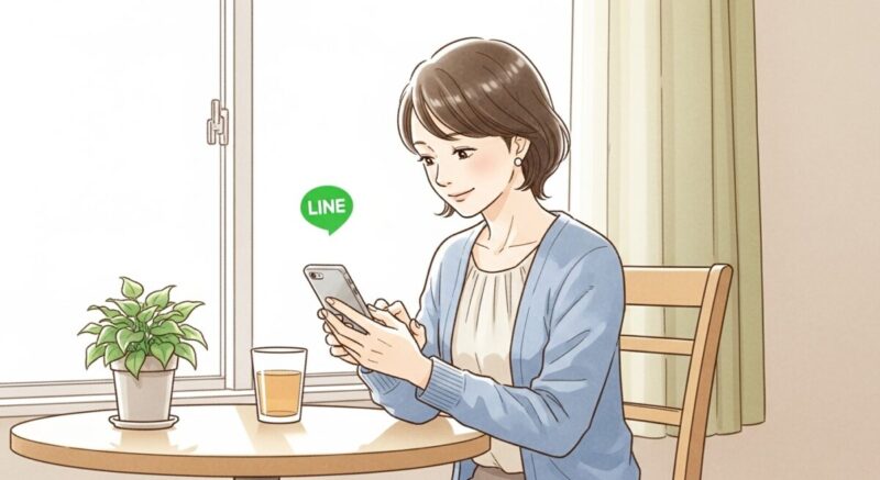 スマホでLINEを打ちながら優しく微笑む日本人女性のイラスト