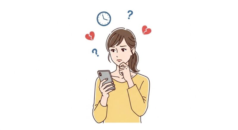 LINEの無視を段階的に考える女性がスマホを見つめながら悩んでいる様子のイラスト