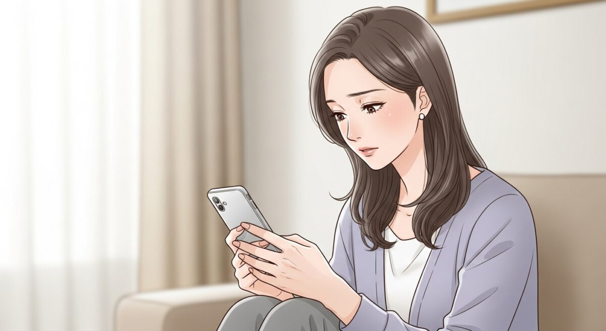 スマートフォンを見つめて静かに悩む日本人女性を描いた繊細なイラスト
