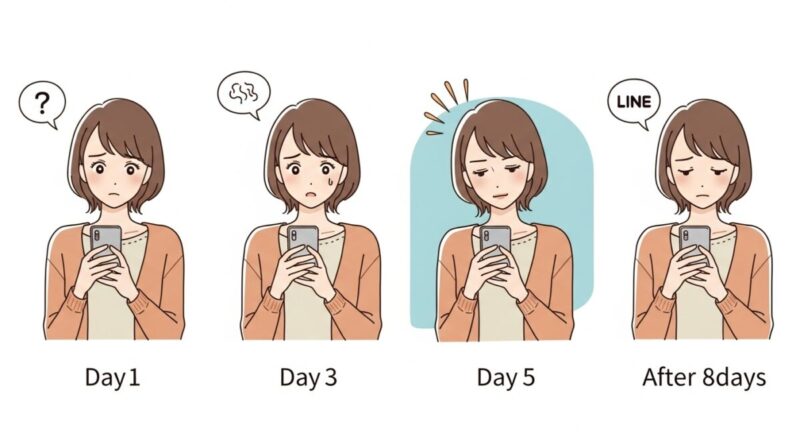 LINE未読の経過日数に応じて感情が変化していく女性の4コマ風イラスト
