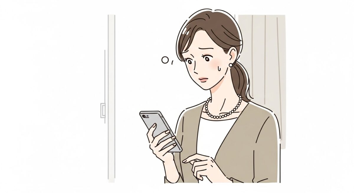 不安そうな表情でスマホを見つめる日本人女性の繊細なイラスト