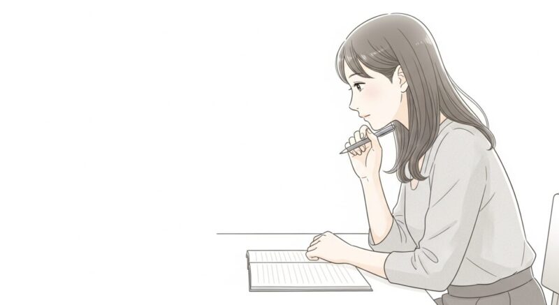 冷却期間中に自分と向き合いノートを書く日本人女性のイラスト