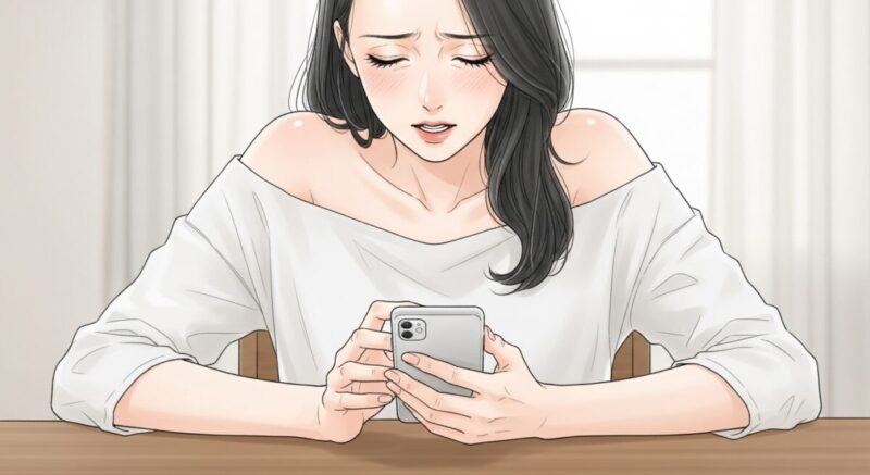 LINEを送り終え、スマホを伏せてそっと目を閉じる日本人女性のイラスト
