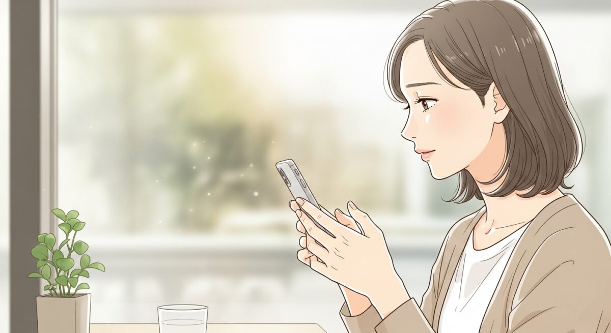 スマホを見つめながら既読無視に不安を感じる大人の日本人女性のイラスト