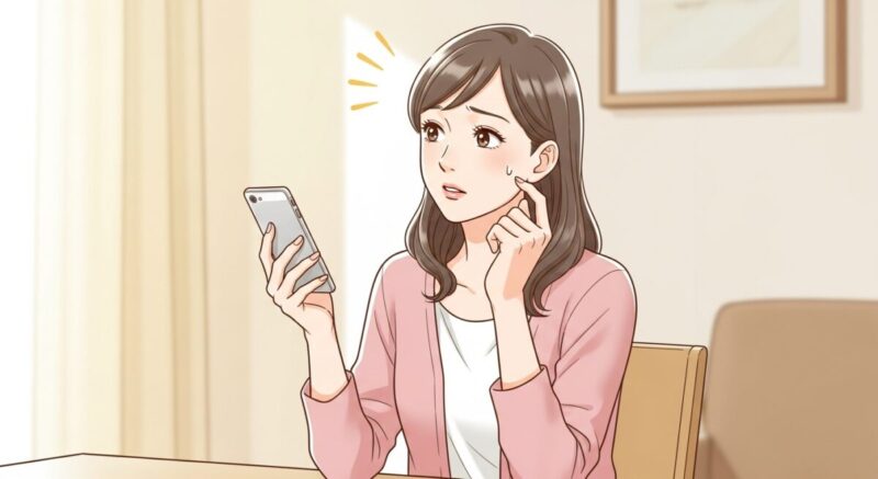 スマホの返信内容に悩む日本人女性が机で考え込むイラスト