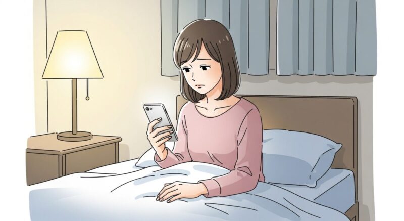 返信が来ないLINE画面を見つめて落ち込む日本人女性のイラスト（明るく繊細な画風）