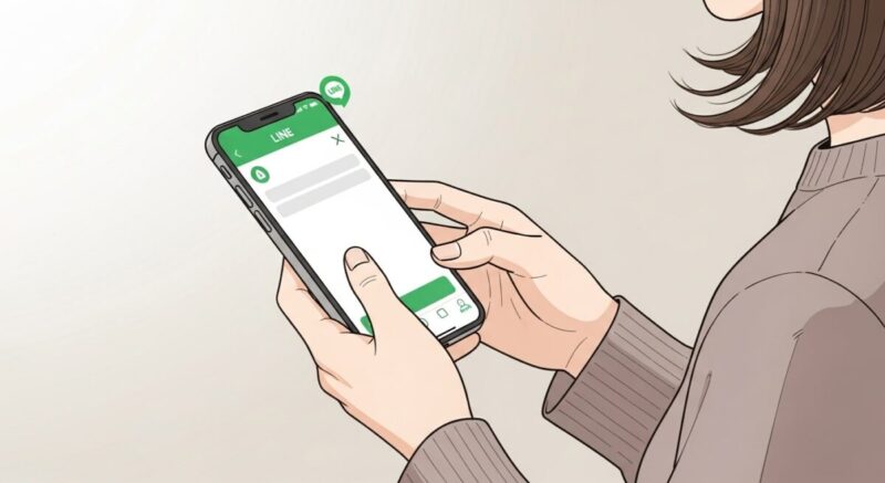 スマートフォンの通知画面でLINEメッセージを確認する日本人女性の手元イラスト