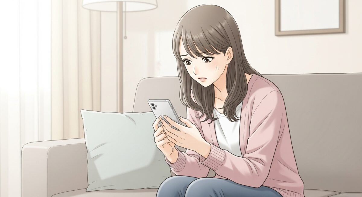 スマートフォンを見つめて不安げな表情を浮かべる日本人女性の繊細なイラスト