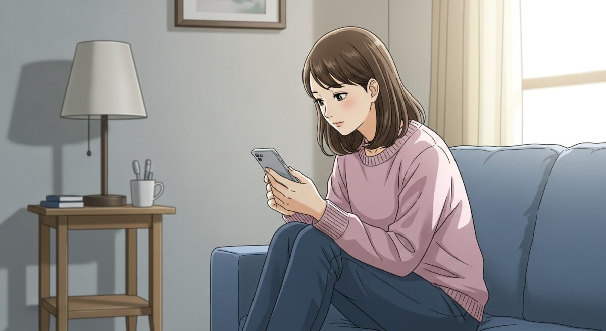 共感を意識してLINEを送ろうと考えている日本人女性が、スマートフォンを見つめながら静かに思案しているイラスト