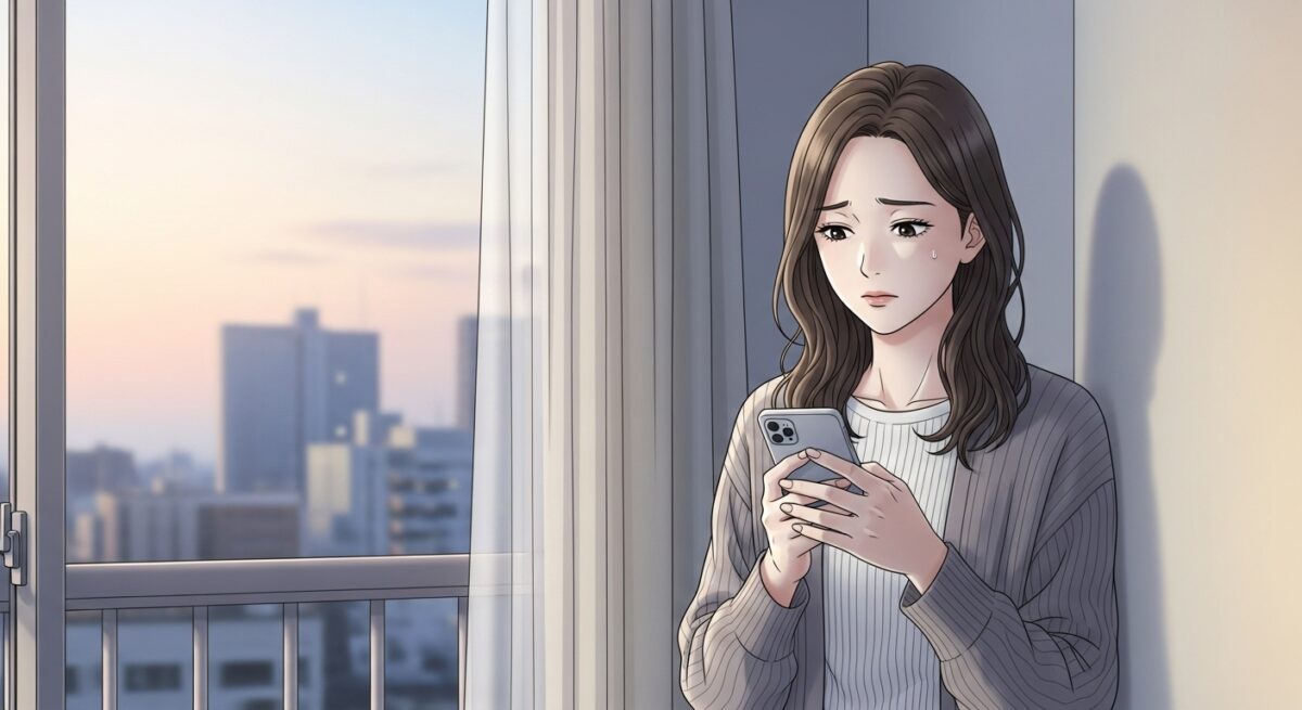 孤独な時間を過ごす20代後半の日本人女性が、LINEの未読に悩みながらも再出発を考える姿のイラスト