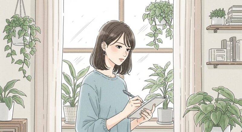静かな時間の中で自己と向き合う20代女性のイラスト