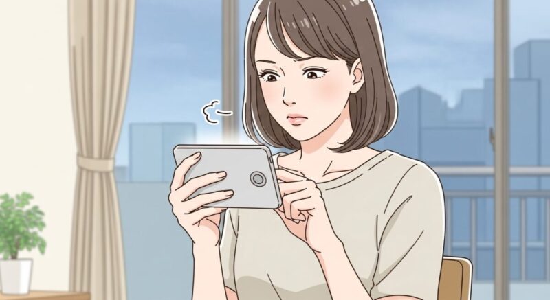LINEを送る前にスマホを持つ手が少し震えるような、不安と勇気の入り混じった女性のイラスト