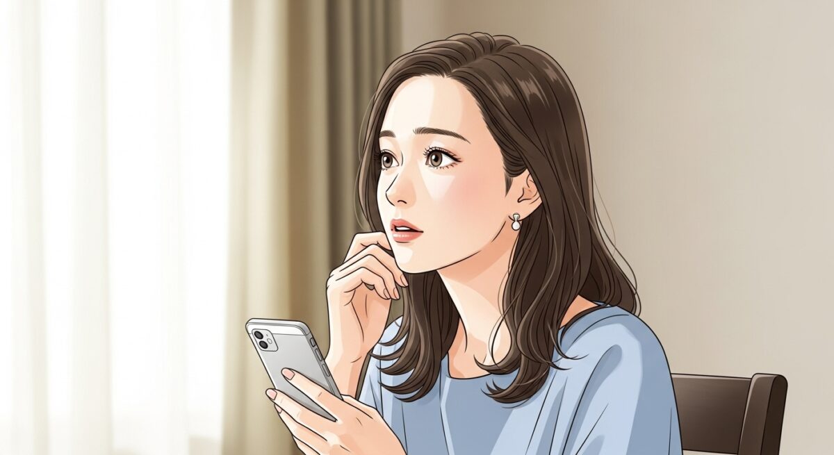 スマホを手に持ち、窓の外を見つめる不安そうな表情の日本人女性のイラスト