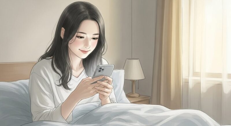 SNSの変化に気づき、微笑む日本人女性のイラスト