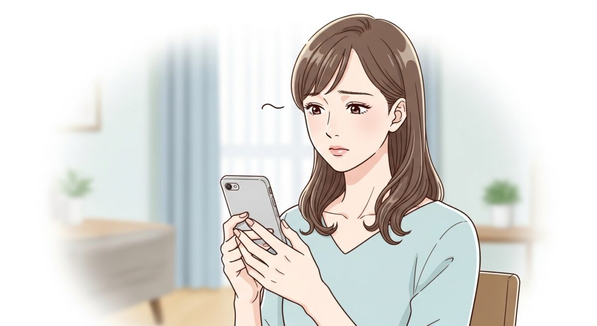 三角関係に悩みながらLINE未読無視に苦しむ20代後半の日本人女性のイラスト