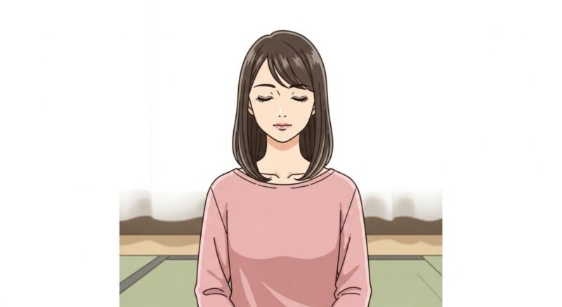 瞑想するように目を閉じて深呼吸をする女性のイラスト