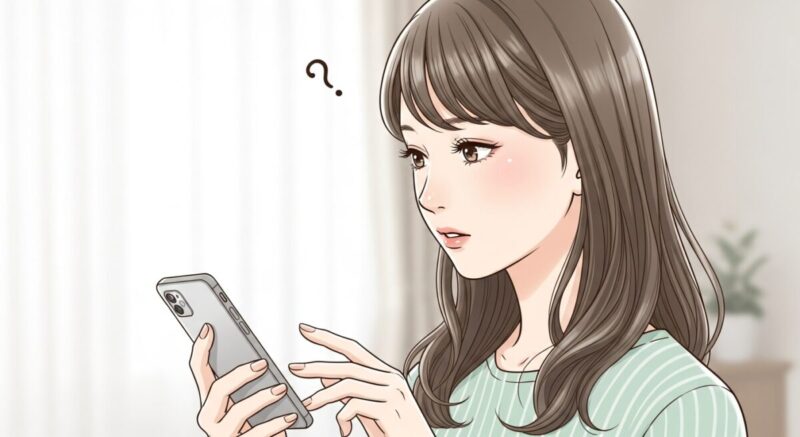 LINEの送信ボタンに指を伸ばす直前で迷う表情の女性のイラスト