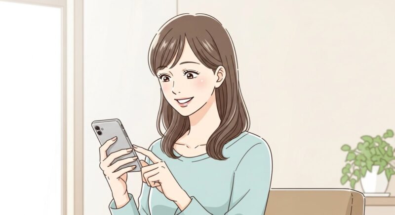 スマホ画面を見た瞬間に思わず笑みを浮かべる女性のイラスト