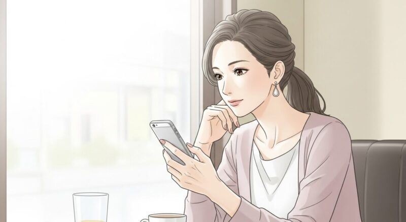 スマホを見つめて悩む日本人女性が、静かなカフェでひとり過ごしている繊細なイラスト