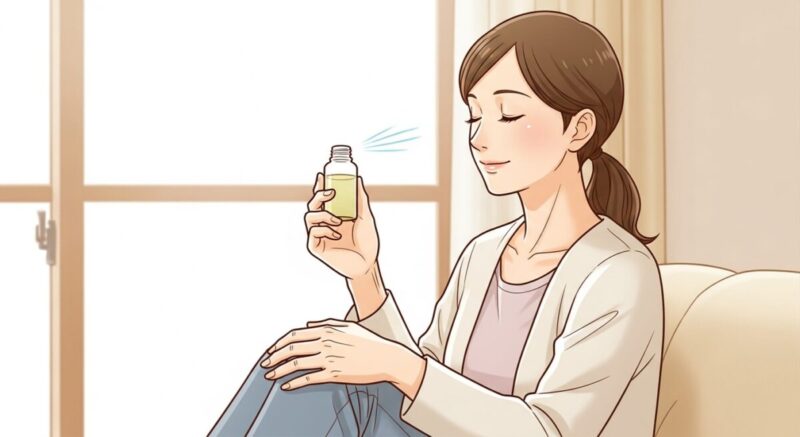 アロマでリラックスする日本人女性が窓辺で穏やかに過ごす落ち着いたタッチのイラスト