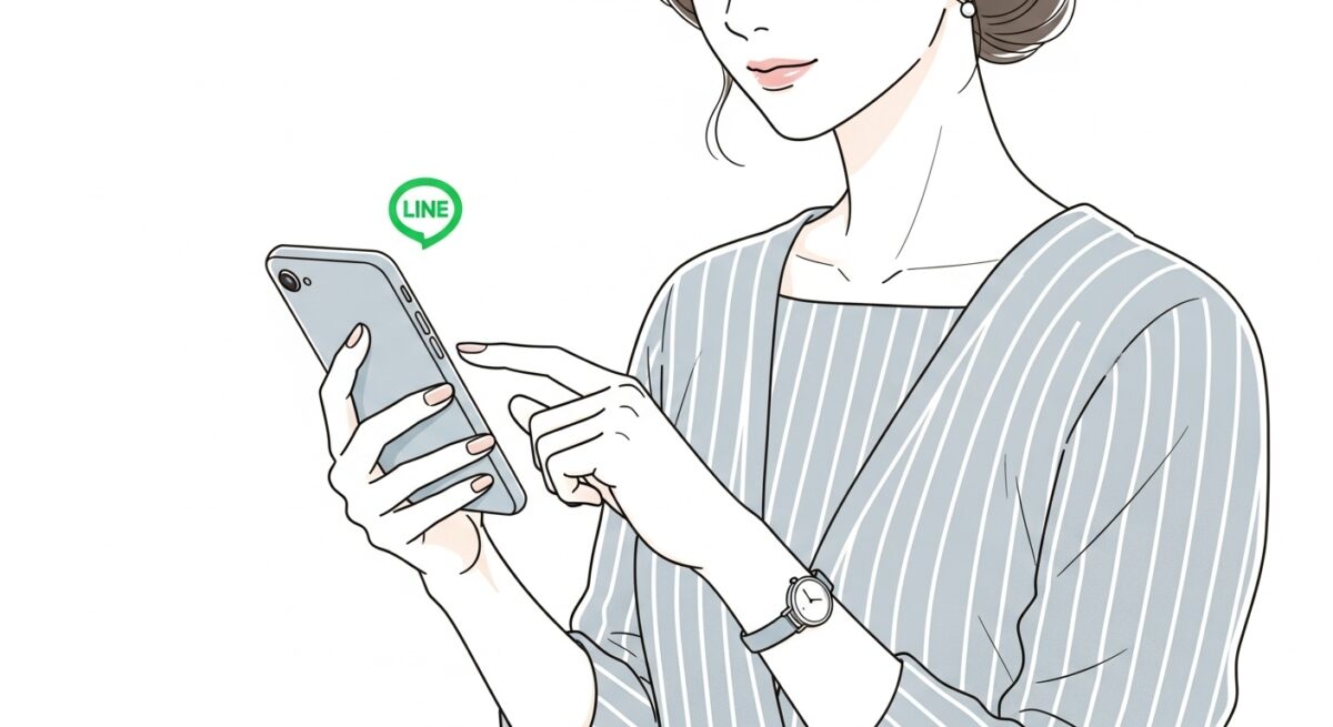 LINEメッセージを見つめる日本人女性の手元と表情を描いた、テキストを含まない繊細なイラスト