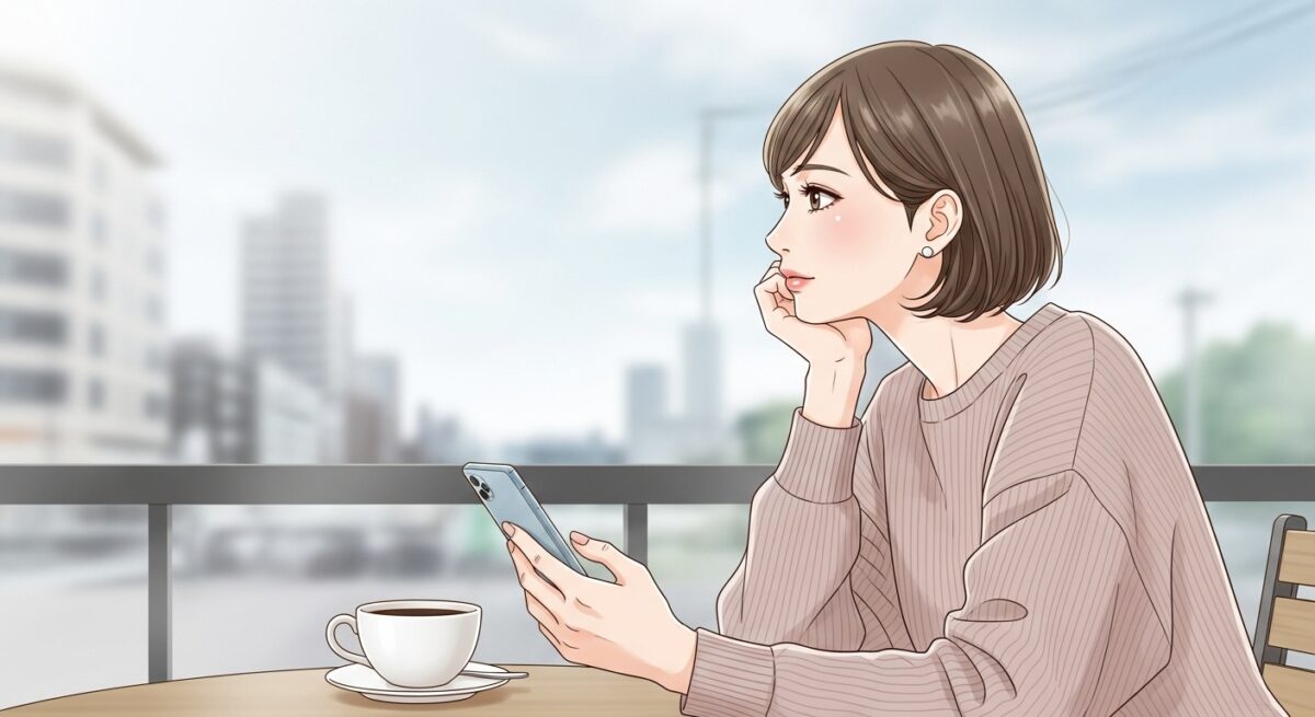 曇り空のカフェテラスでスマホを伏せたまま遠くを見つめている日本人女性のイラスト