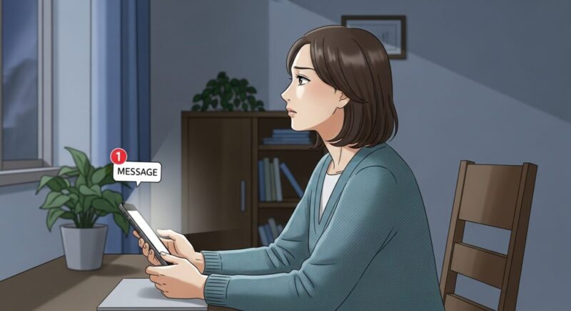 スマホの通知に気づきながらも窓の外を見つめる女性のイラスト