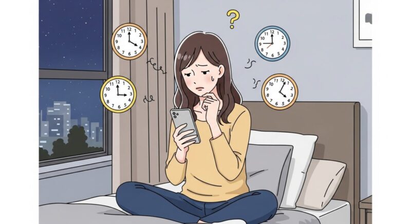 スマホを手に悩みながら時刻を気にしている日本人女性のイラスト
