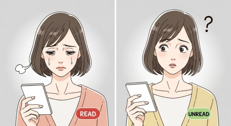 既読メッセージと未読メッセージを見比べて心を揺らす女性のイラスト(対比構図)