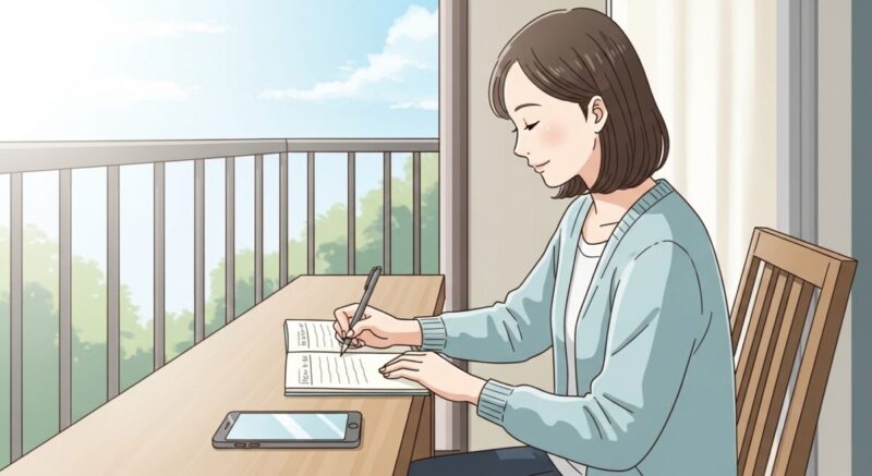スマホにすぐ頼らず、手書きで想いを整理する女性のイラスト