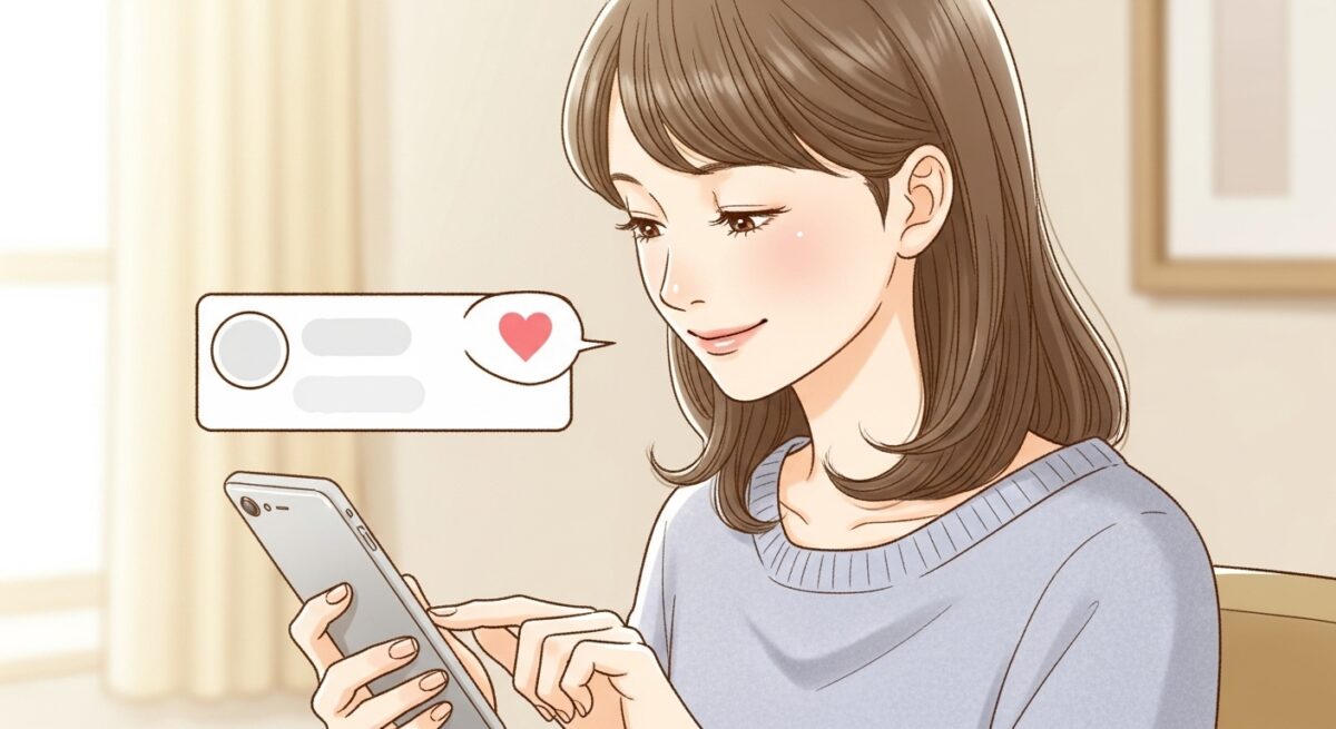SNSの投稿にリアクションする日本人女性が室内でスマホを操作しているイラスト。