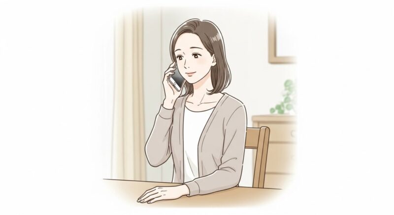 自室で電話をしている日本人女性のイラスト。リラックスした表情でスマホを耳に当てている。