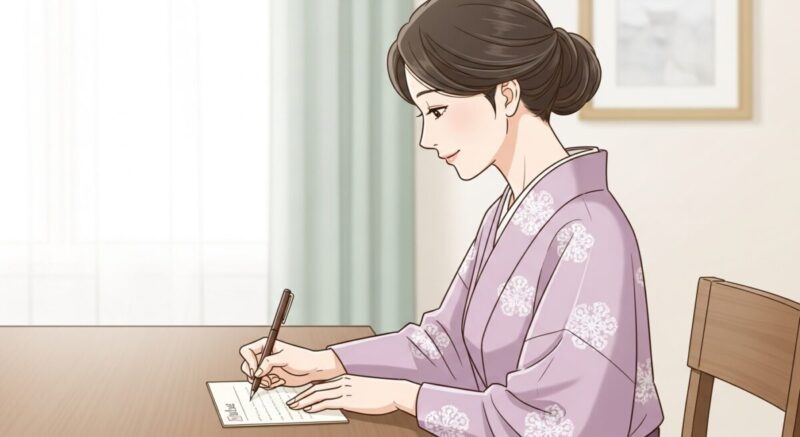 便箋に丁寧に文字を書いている日本人女性のイラスト。静かな室内で横向きに描かれている。