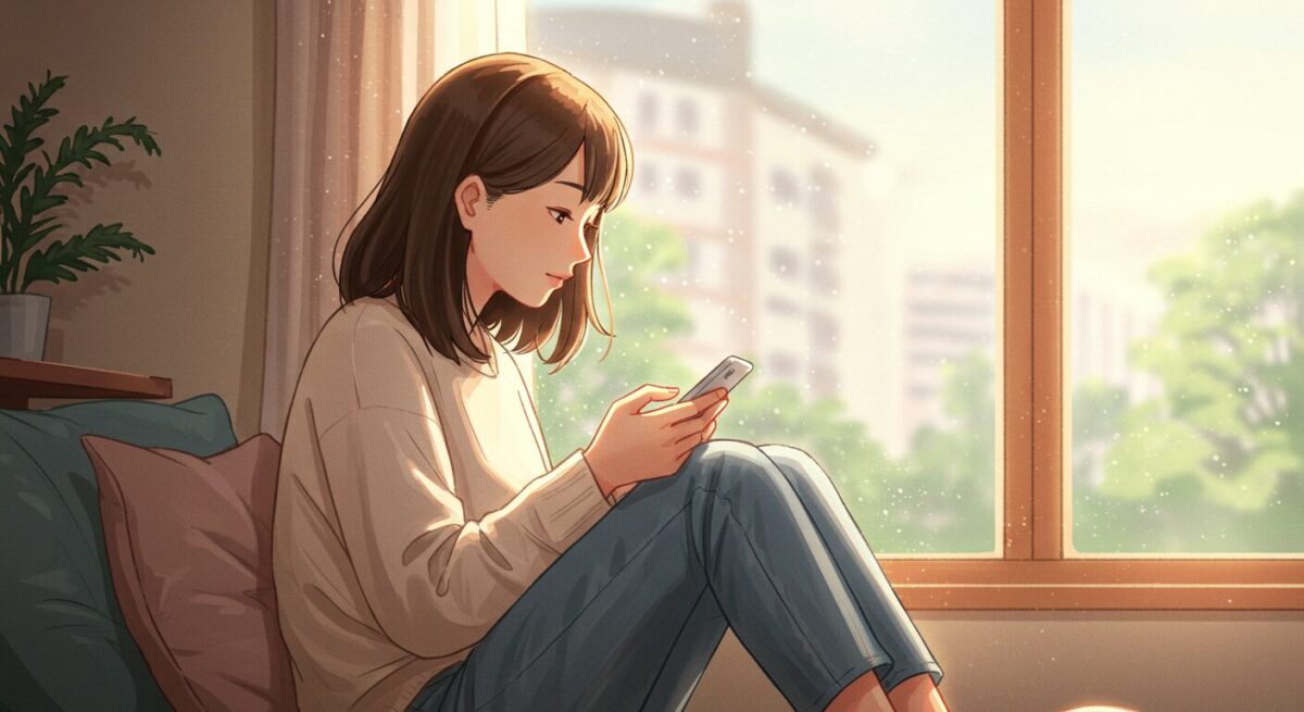 スマホを見ながら考え込む日本人女性の、明るく穏やかなイラスト