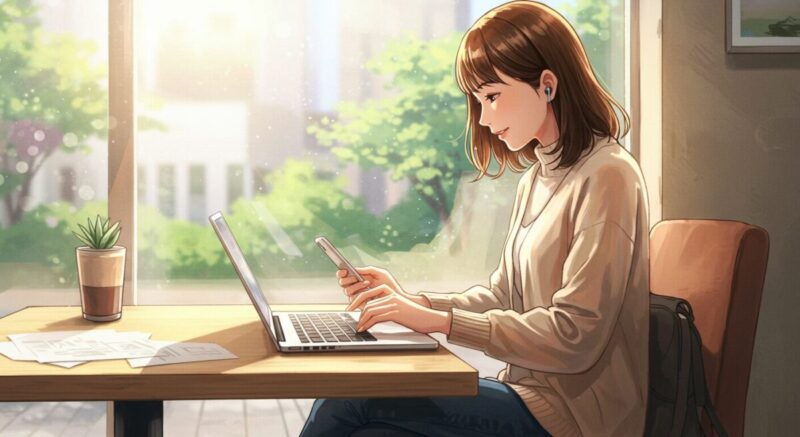 明るいカフェでスマホとPCを使って連絡を取る女性のイラスト