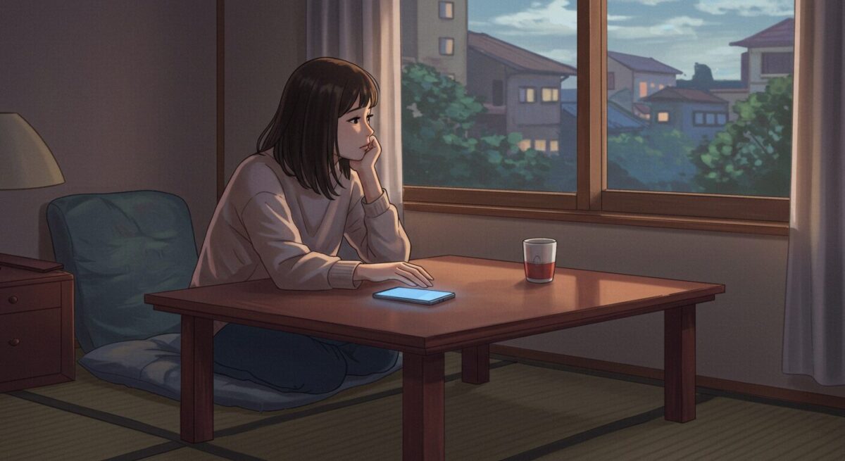 スマホを伏せて置き、窓の外を静かに見つめる女性のイラスト（未読スルーへの不安と静けさ）