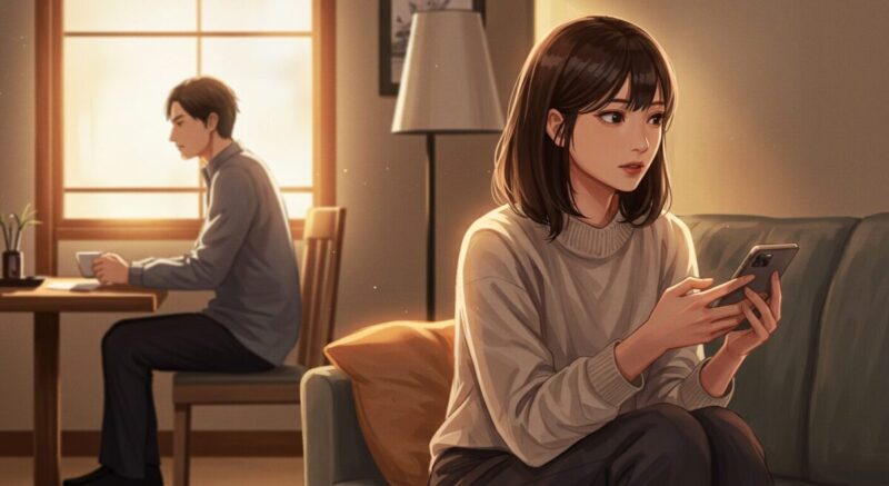 同じ部屋にいながらも、距離を感じる男女のイラスト（女性はスマホを見つめ、男性は視線をそらしている）