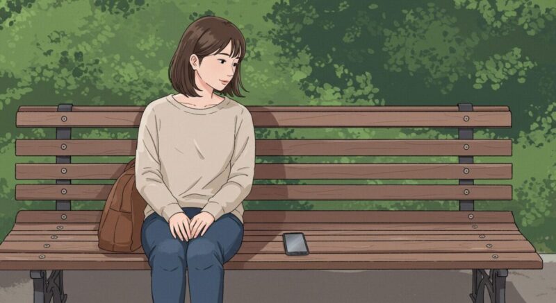 公園のベンチでスマホを横に置き、待つか迷う表情の女性のイラスト（心の揺れを表現）
