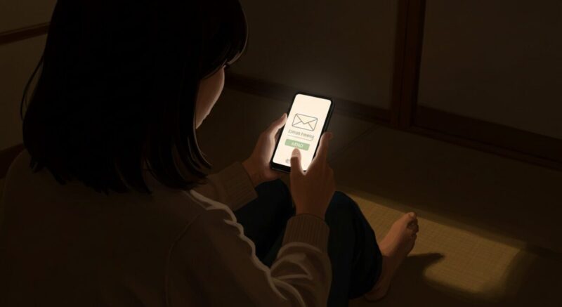 夜の部屋で、スマホの送信ボタンを押そうと葛藤する女性の後ろ姿