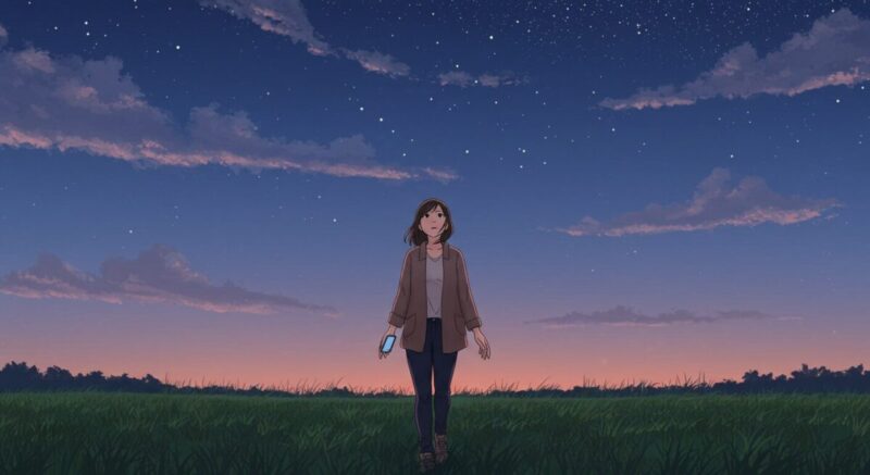 夕暮れの野原を歩きながら前を向いて進む女性のイラスト（心の余白と前進）