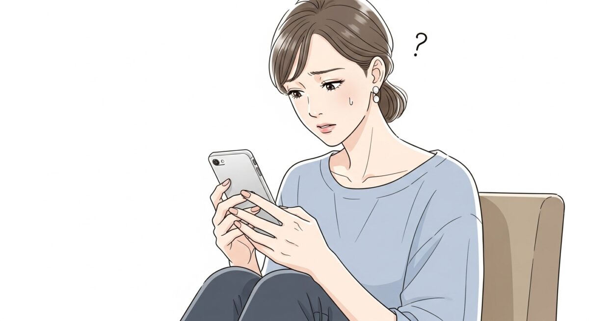 LINEの未返信に戸惑う表情でスマホを見つめる日本人女性の繊細なイラスト