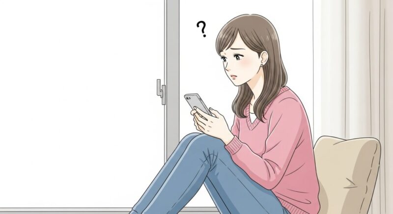 スマホを見ながら考え込む日本人女性の柔らかいイラスト